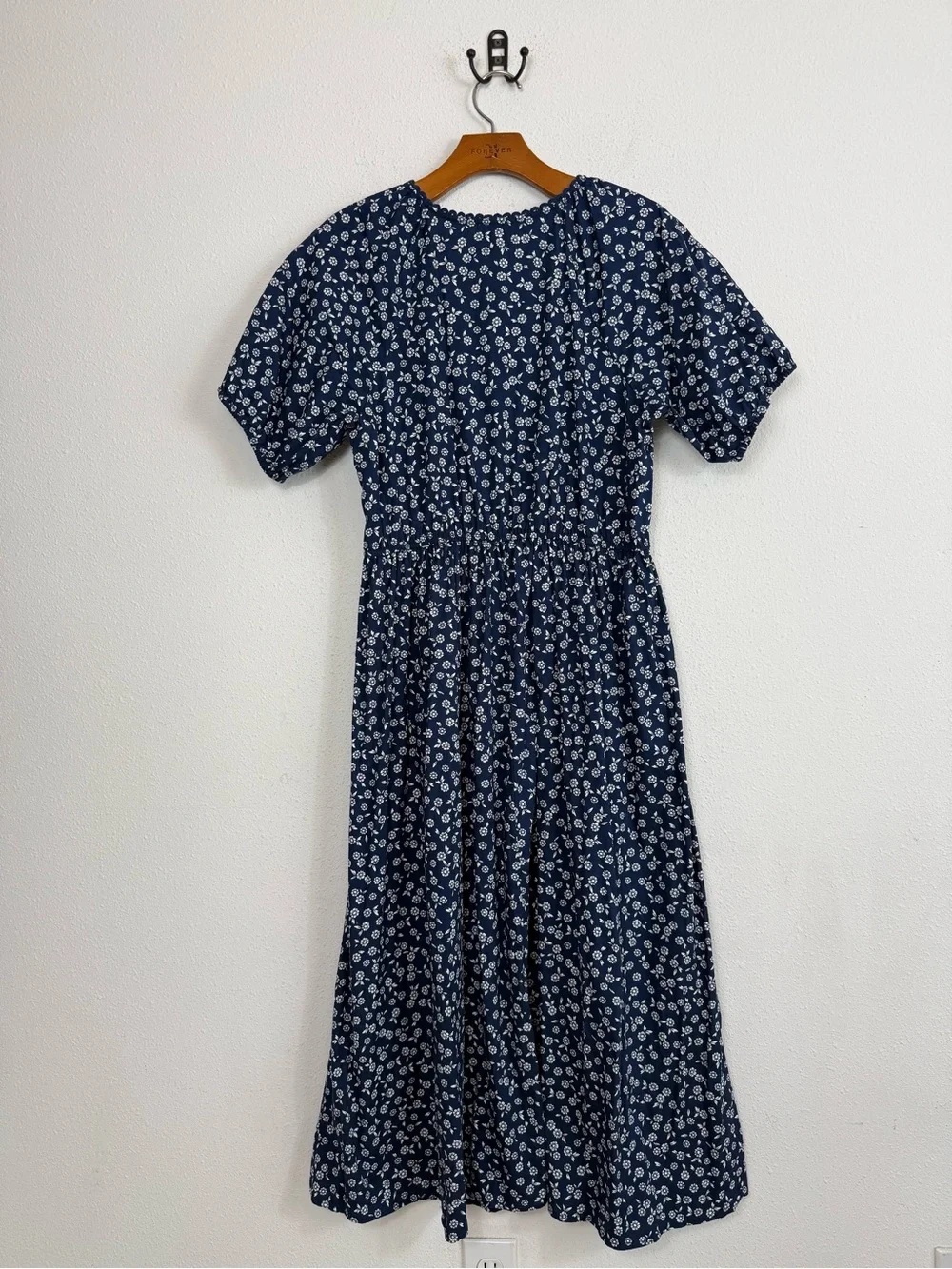J.Crew Printed Lace Trim Mid Dress Navy Blue White Floral Cotton Sz 10